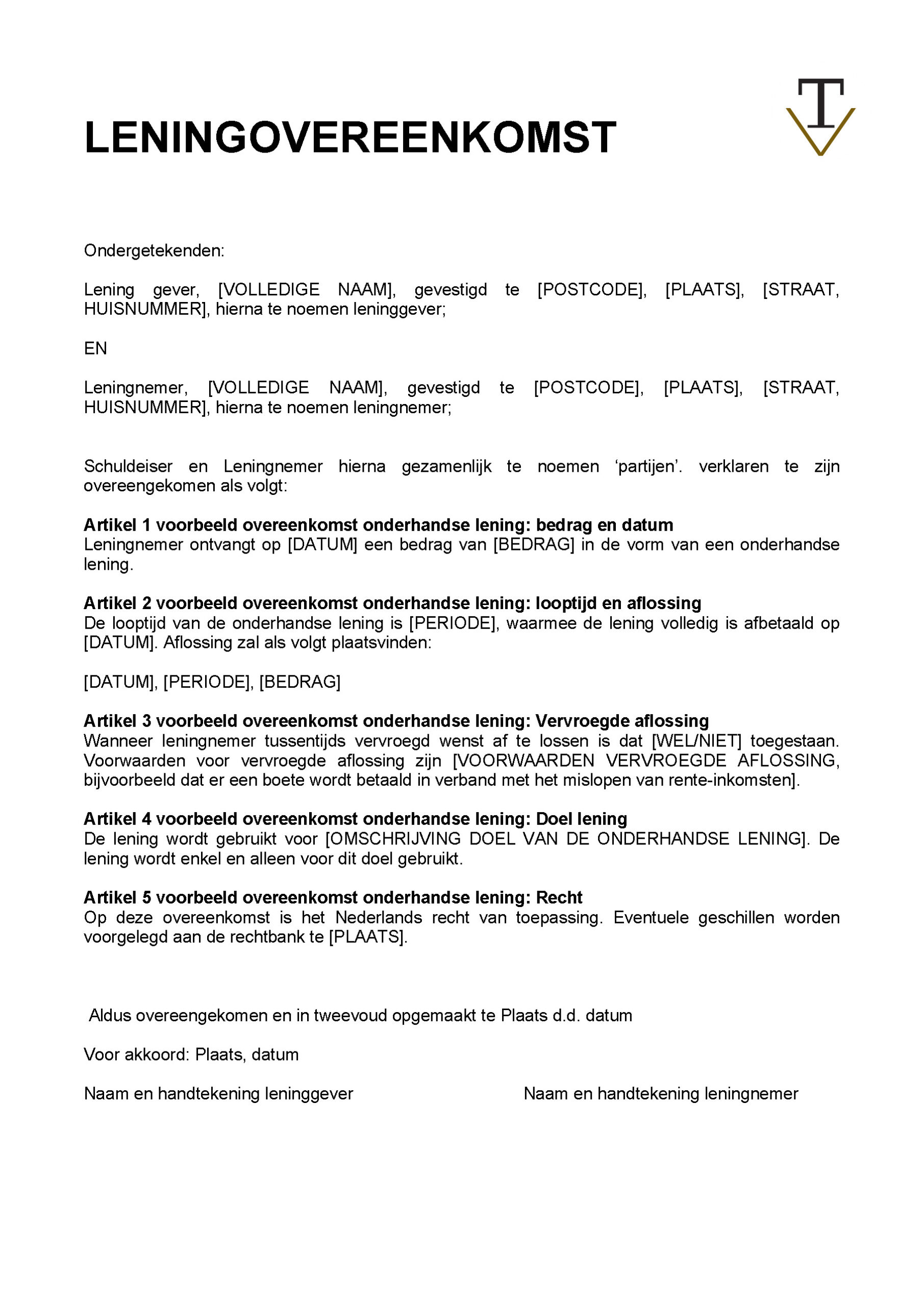 iemand geld lenen contract